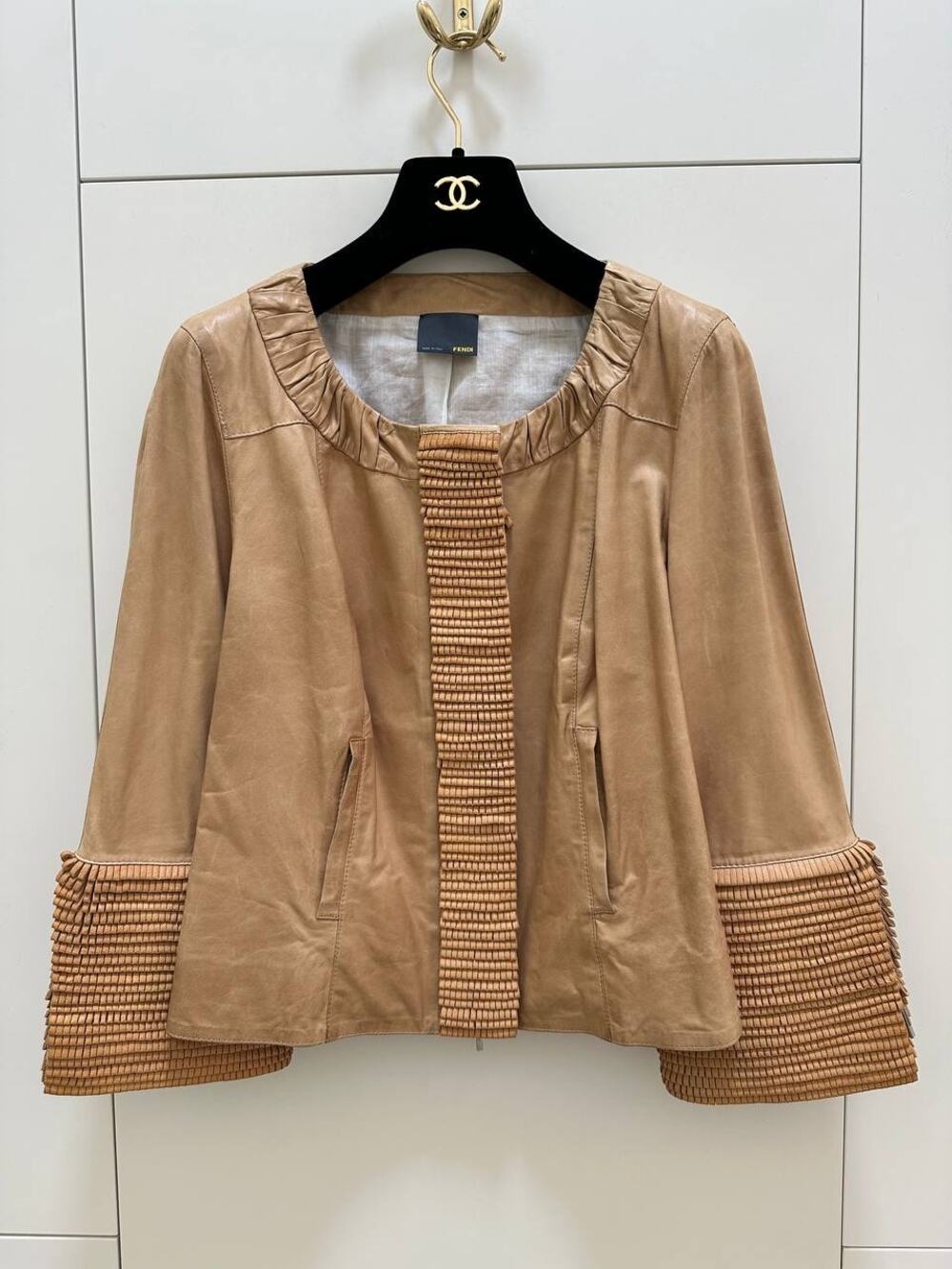 Fendi Beige Leather Jacket Woven Sleeves IT 42